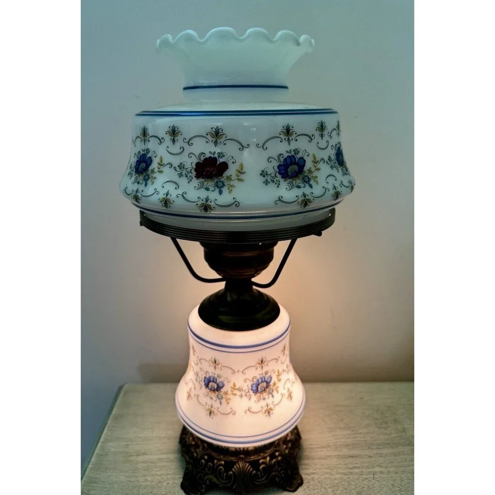 Vintage Quoizel Model 1960 Gone with the Wind Lamp Blue Floral Milk Glass Parlor